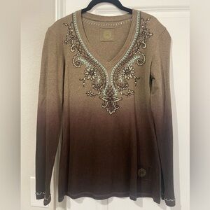 Double D Ranch Brown Embroidered V-Neck Women's Top